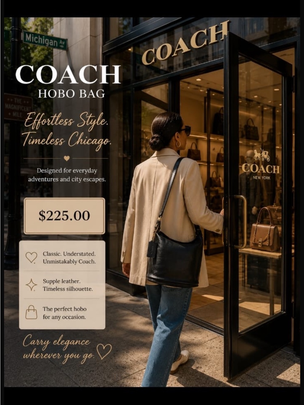COACH Black Leather Hobo Bag with Gold Hardware